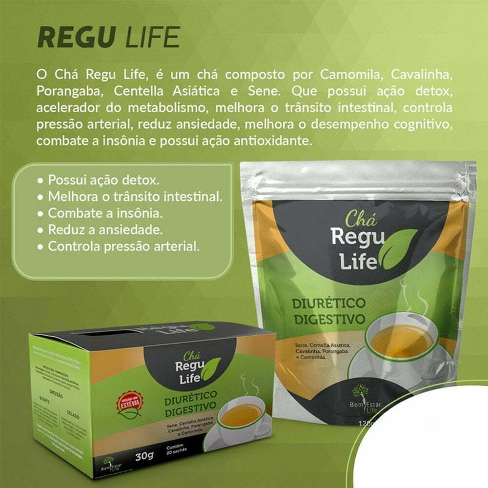 O Chá Regu Life 120g é um excelente diurético, aliviando a sensação de inchaço e mal-estar. Com ação detox, o Regu Life tem efeito antioxidante e fitoterápicos, ajudando o organismo a eliminar eliminar impurezas do organismo.