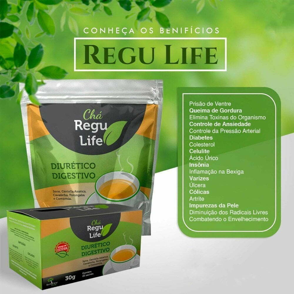 O Chá Regu Life 120g é um excelente diurético, aliviando a sensação de inchaço e mal-estar. Com ação detox, o Regu Life tem efeito antioxidante e fitoterápicos, ajudando o organismo a eliminar eliminar impurezas do organismo.