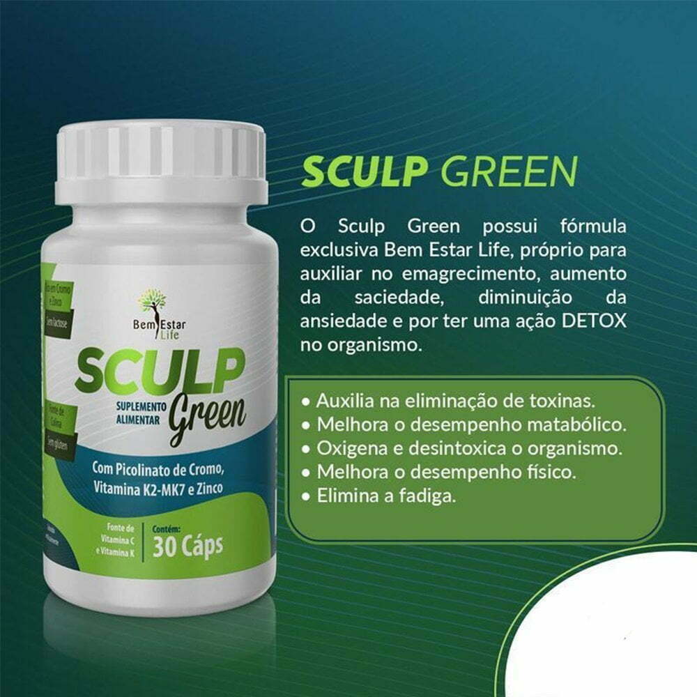 O Sculp Green possui fórmula exclusiva e eficaz, própria para auxiliar no emagrecimento, diminuição da ansiedade e ação detox no organismo.